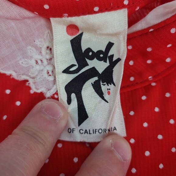 Jody T of California Vintage Red Dress White Polka Dots Lace Collar Rose Buttons - Picture 10 of 12
